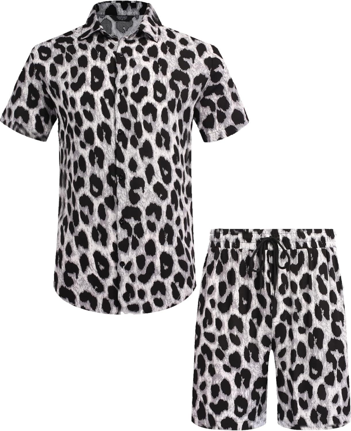 imageCOOFANDY Mens Hawaiian Matching Set Summer Beach 2 Piece Outfits Flower Button Down Shirts and Shorts Vacation OutfitsSilver Leopard Print