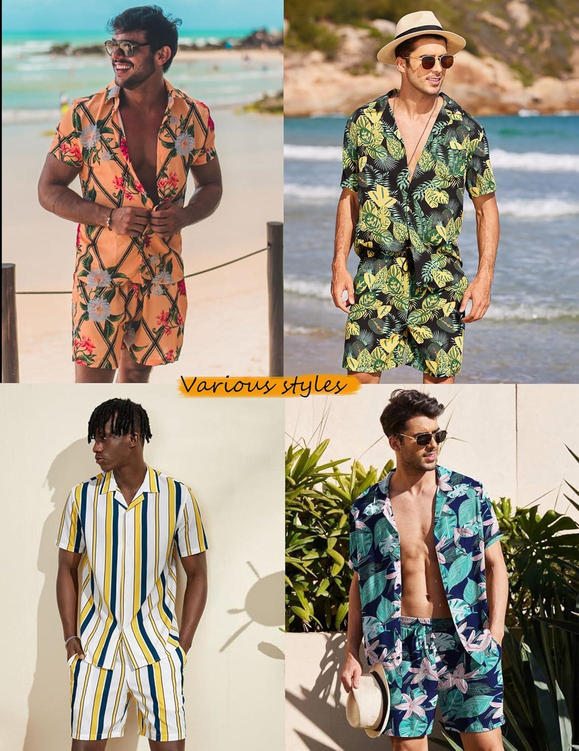 imageCOOFANDY Mens Hawaiian Matching Set Summer Beach 2 Piece Outfits Flower Button Down Shirts and Shorts Vacation OutfitsWhite