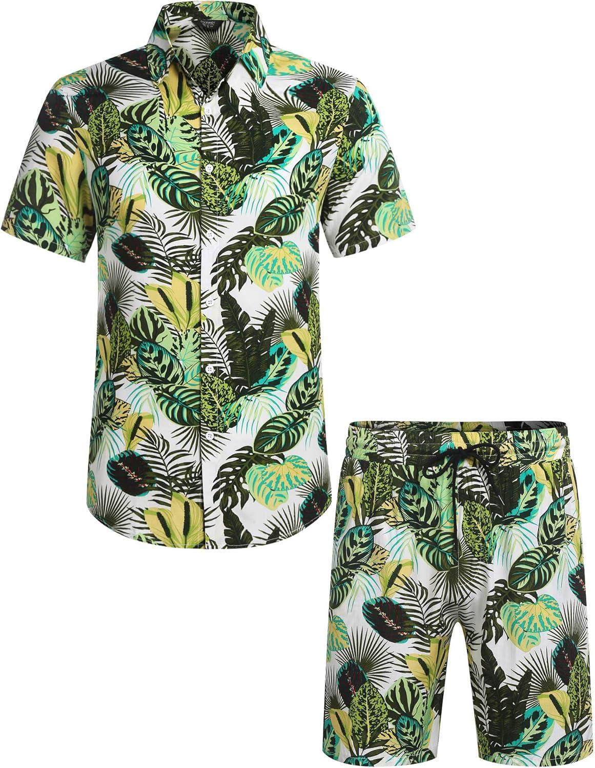imageCOOFANDY Mens Hawaiian Matching Set Summer Beach 2 Piece Outfits Flower Button Down Shirts and Shorts Vacation OutfitsWhite
