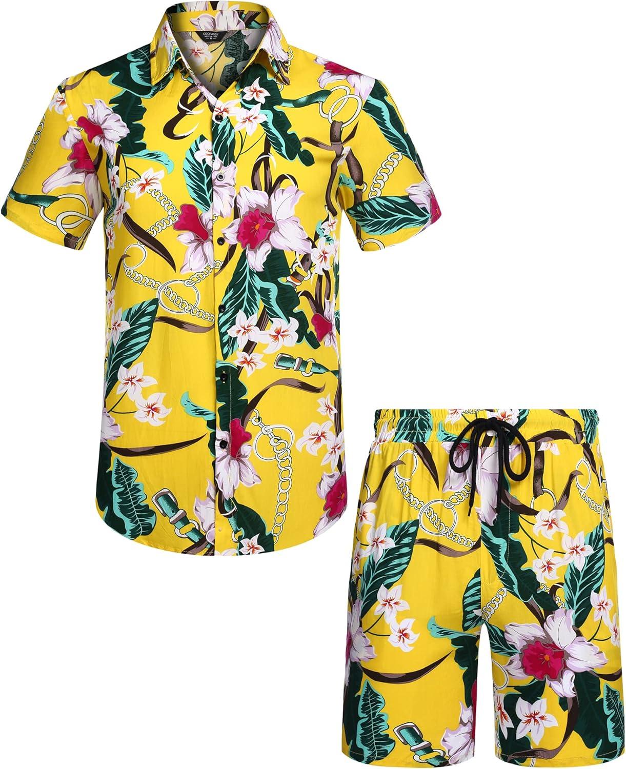 imageCOOFANDY Mens Hawaiian Matching Set Summer Beach 2 Piece Outfits Flower Button Down Shirts and Shorts Vacation OutfitsYellow  Flower