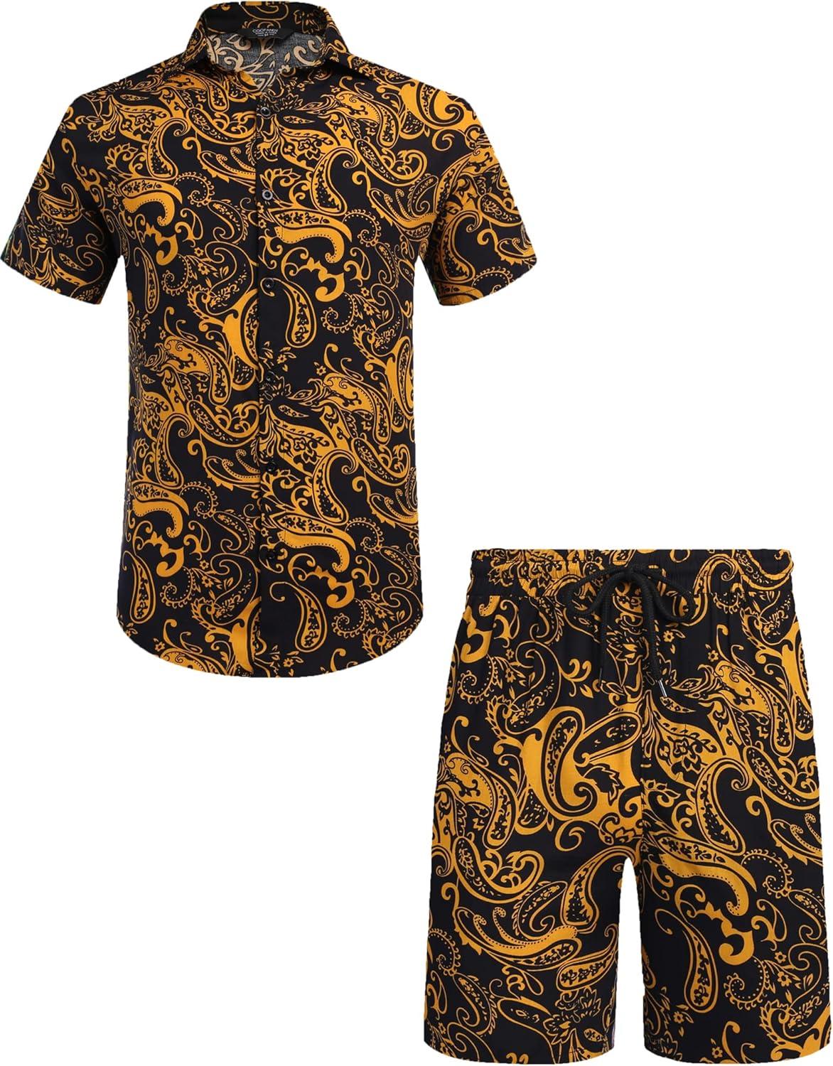 imageCOOFANDY Mens Hawaiian Matching Set Summer Beach 2 Piece Outfits Flower Button Down Shirts and Shorts Vacation OutfitsYellow Paisley