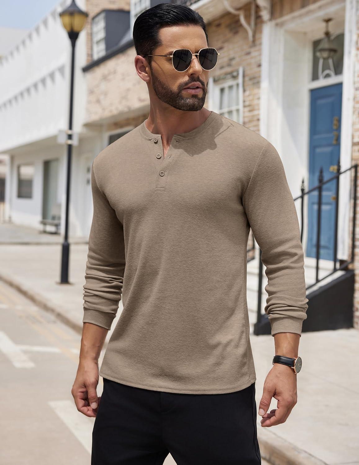 imageCOOFANDY Mens Henley Shirts Long Sleeve Button TShirt Lightweight Fashion Casual Pullover ShirtDark Khaki