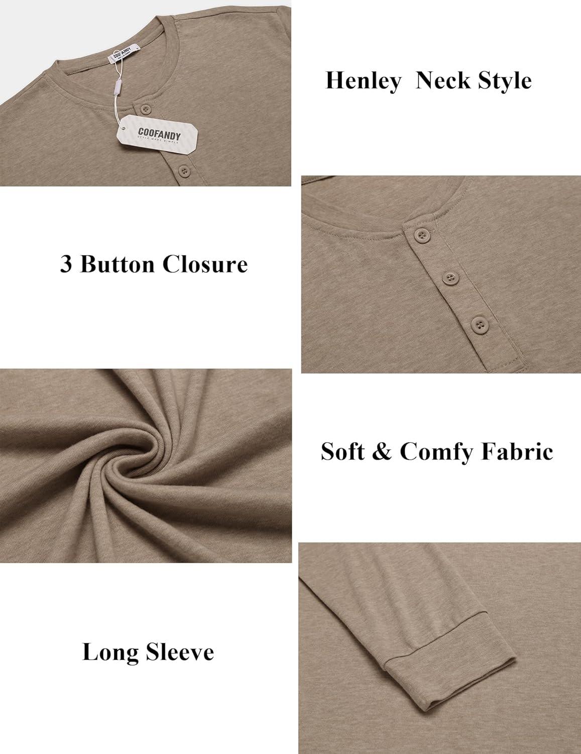 imageCOOFANDY Mens Henley Shirts Long Sleeve Button TShirt Lightweight Fashion Casual Pullover ShirtDark Khaki