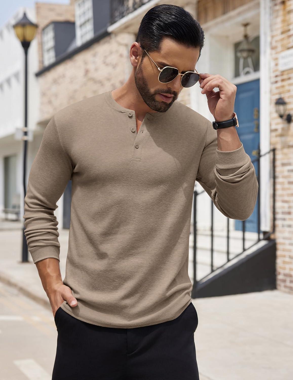 imageCOOFANDY Mens Henley Shirts Long Sleeve Button TShirt Lightweight Fashion Casual Pullover ShirtDark Khaki