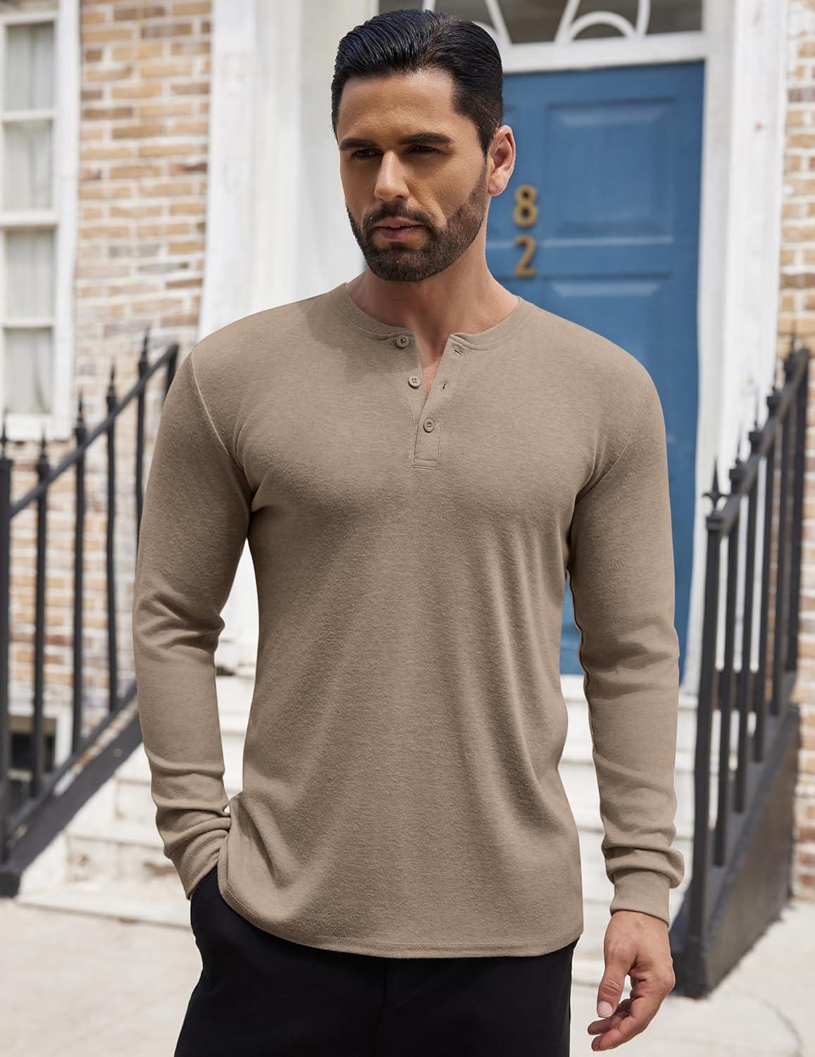 imageCOOFANDY Mens Henley Shirts Long Sleeve Button TShirt Lightweight Fashion Casual Pullover ShirtDark Khaki