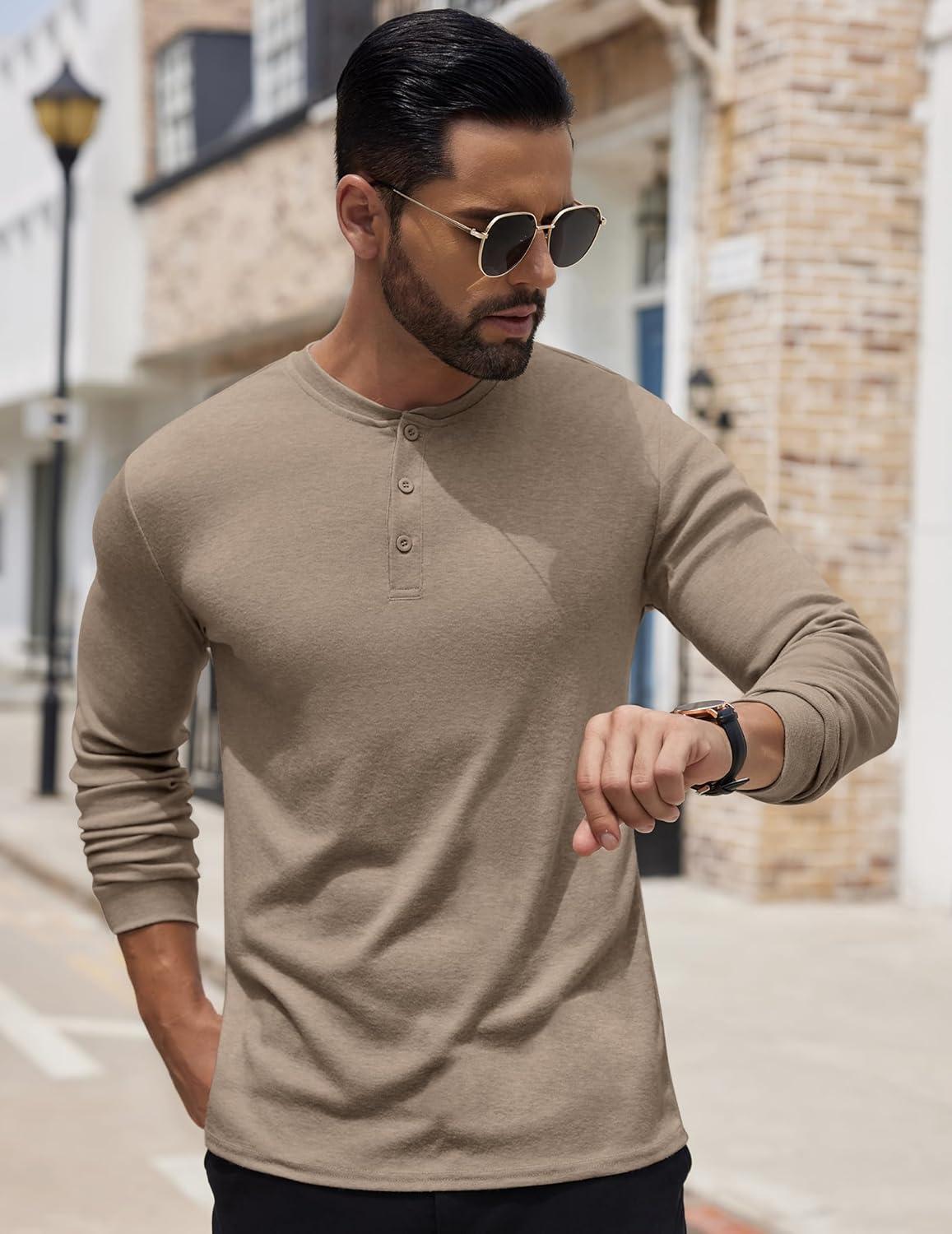 imageCOOFANDY Mens Henley Shirts Long Sleeve Button TShirt Lightweight Fashion Casual Pullover ShirtDark Khaki