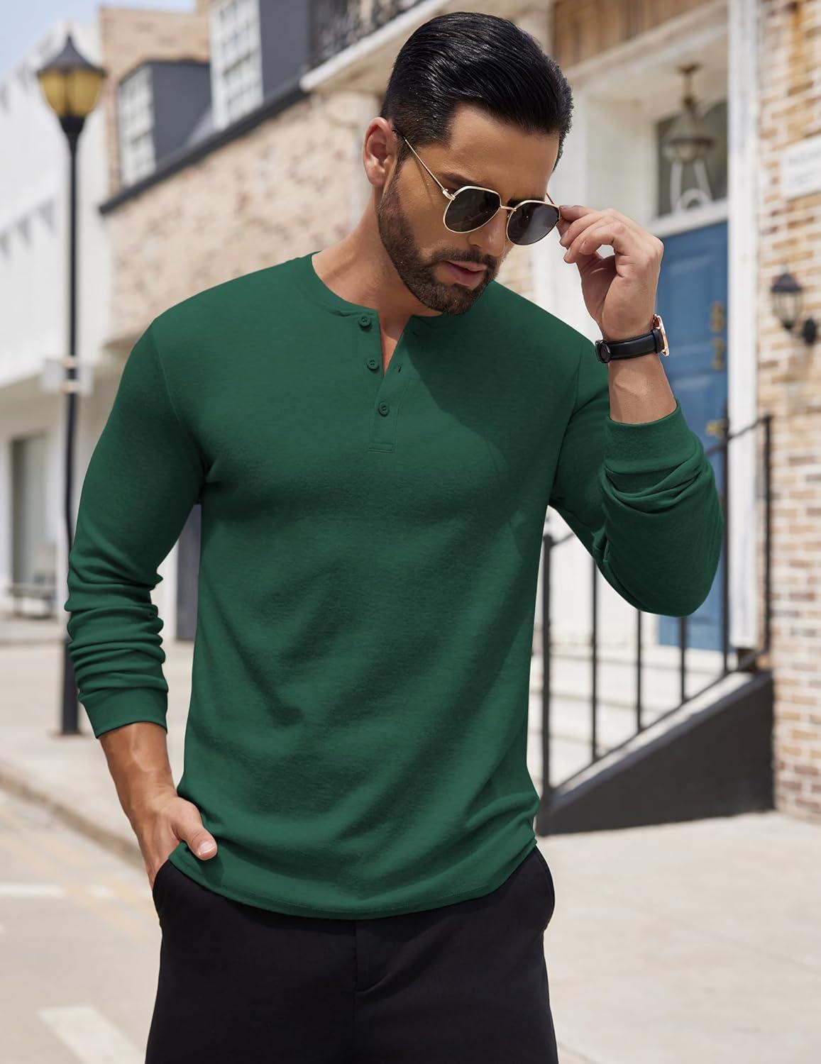 imageCOOFANDY Mens Henley Shirts Long Sleeve Button TShirt Lightweight Fashion Casual Pullover ShirtGreen