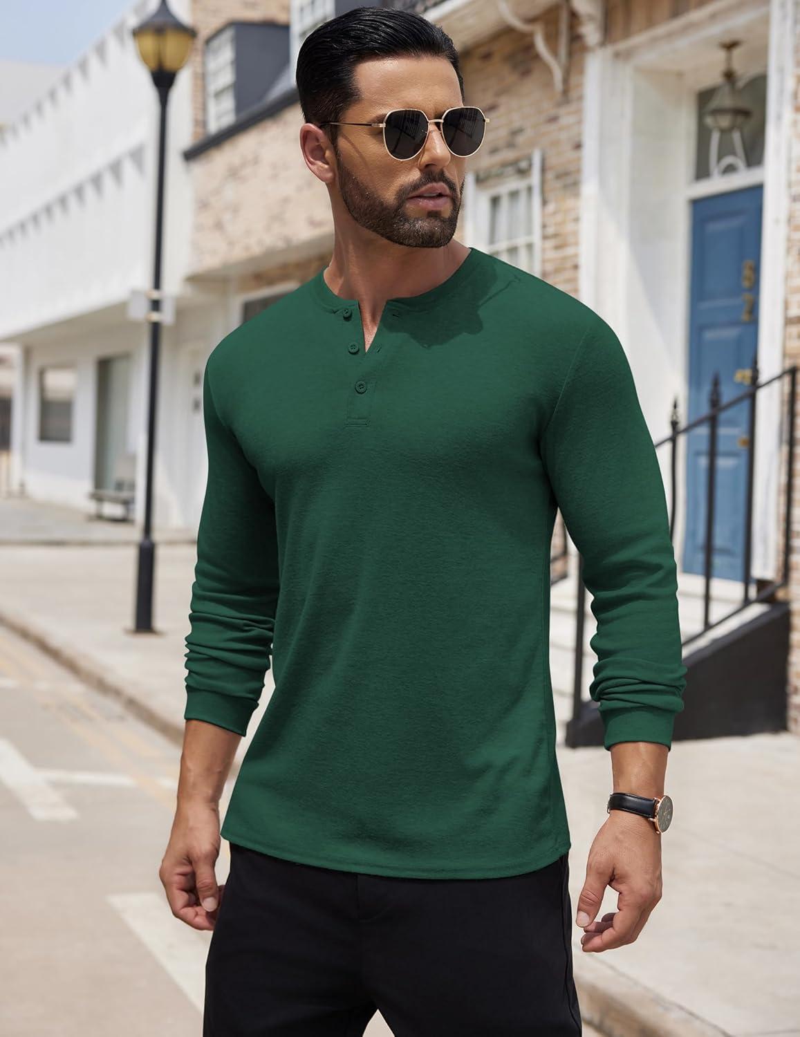 imageCOOFANDY Mens Henley Shirts Long Sleeve Button TShirt Lightweight Fashion Casual Pullover ShirtGreen