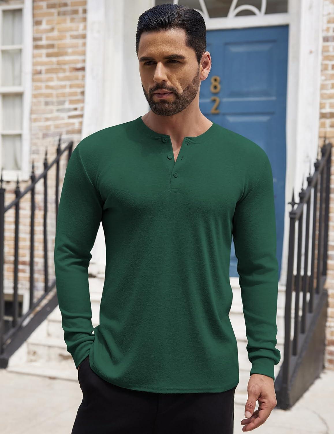 imageCOOFANDY Mens Henley Shirts Long Sleeve Button TShirt Lightweight Fashion Casual Pullover ShirtGreen