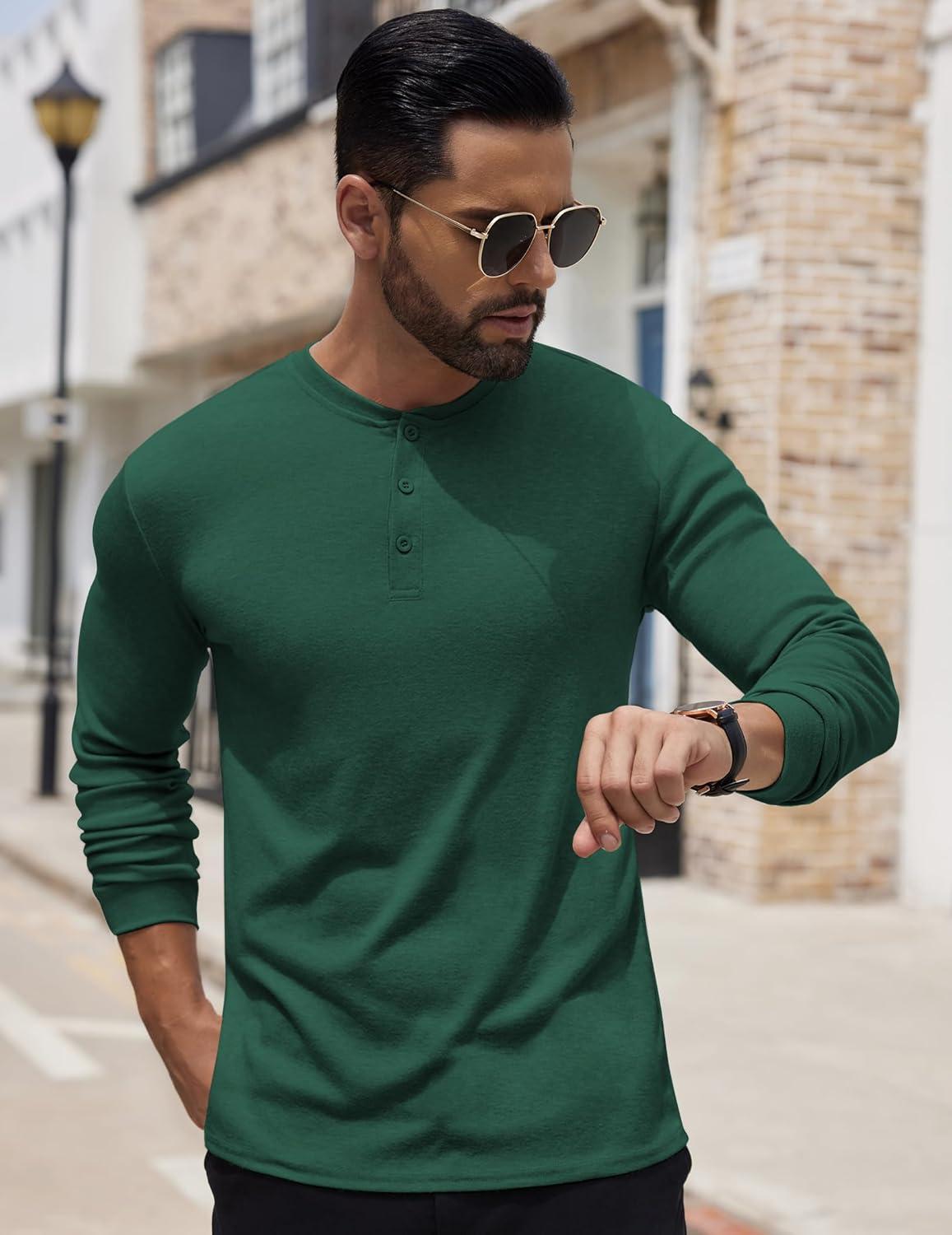 imageCOOFANDY Mens Henley Shirts Long Sleeve Button TShirt Lightweight Fashion Casual Pullover ShirtGreen