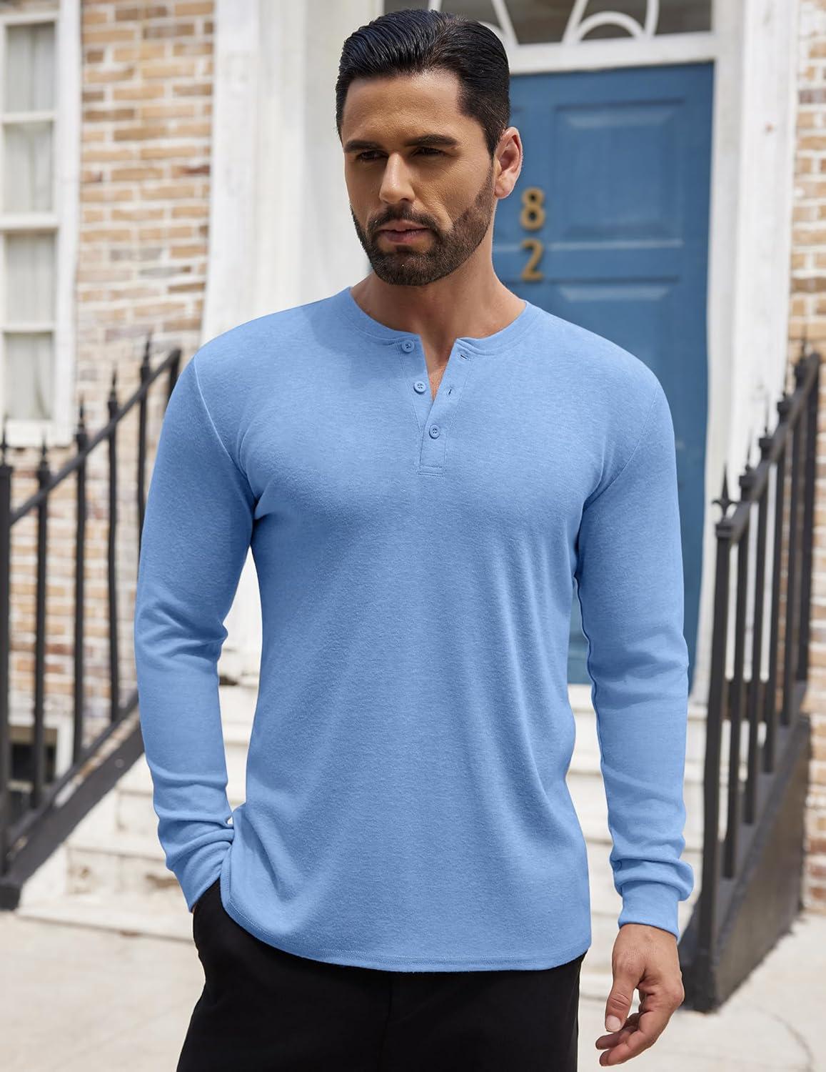 imageCOOFANDY Mens Henley Shirts Long Sleeve Button TShirt Lightweight Fashion Casual Pullover ShirtLight Blue