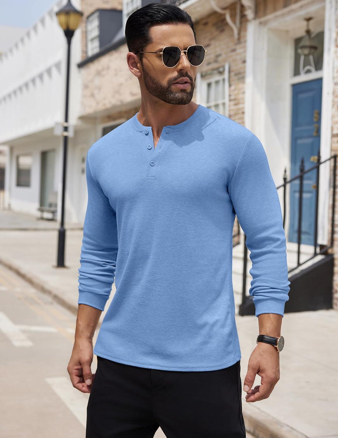 imageCOOFANDY Mens Henley Shirts Long Sleeve Button TShirt Lightweight Fashion Casual Pullover ShirtLight Blue