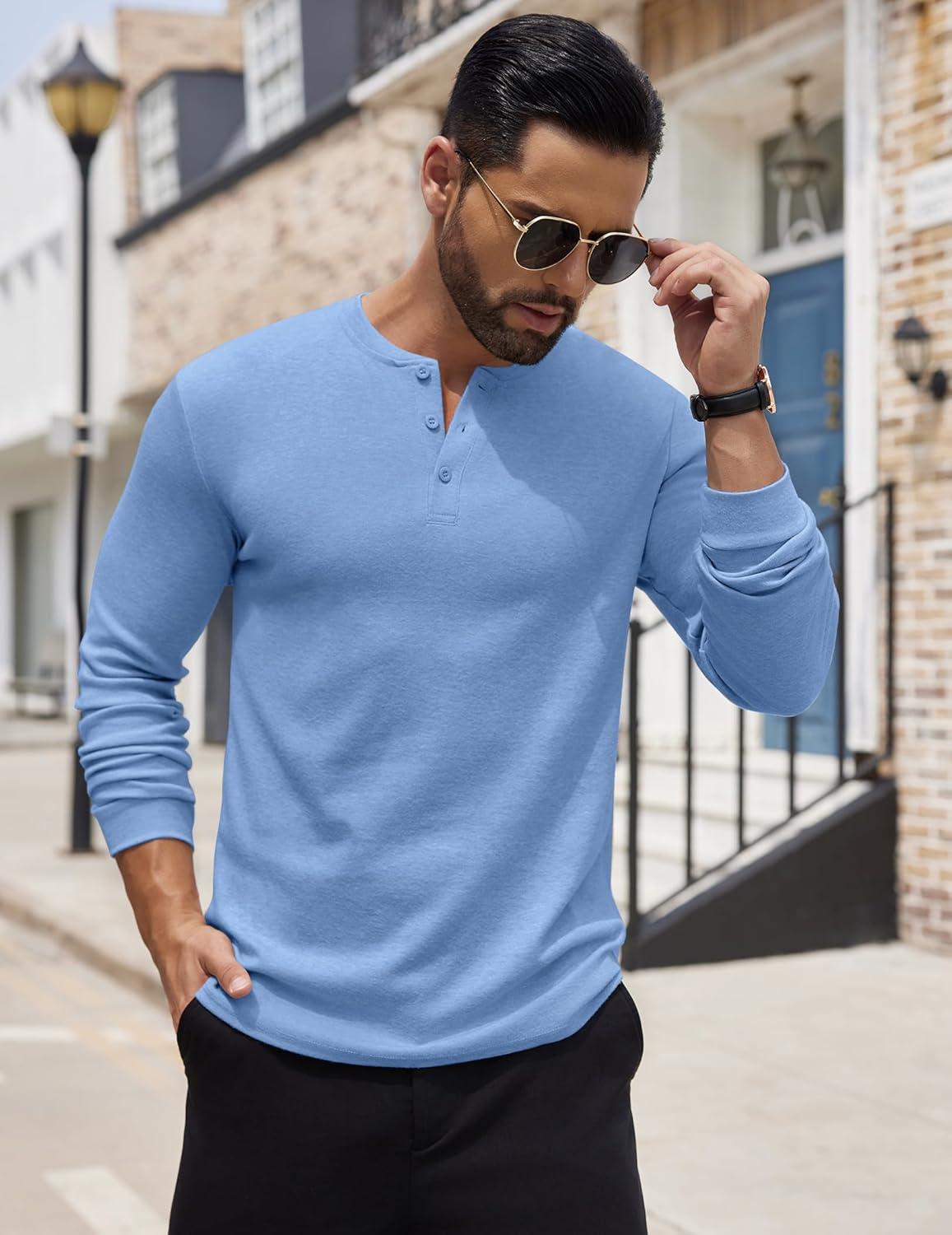 imageCOOFANDY Mens Henley Shirts Long Sleeve Button TShirt Lightweight Fashion Casual Pullover ShirtLight Blue