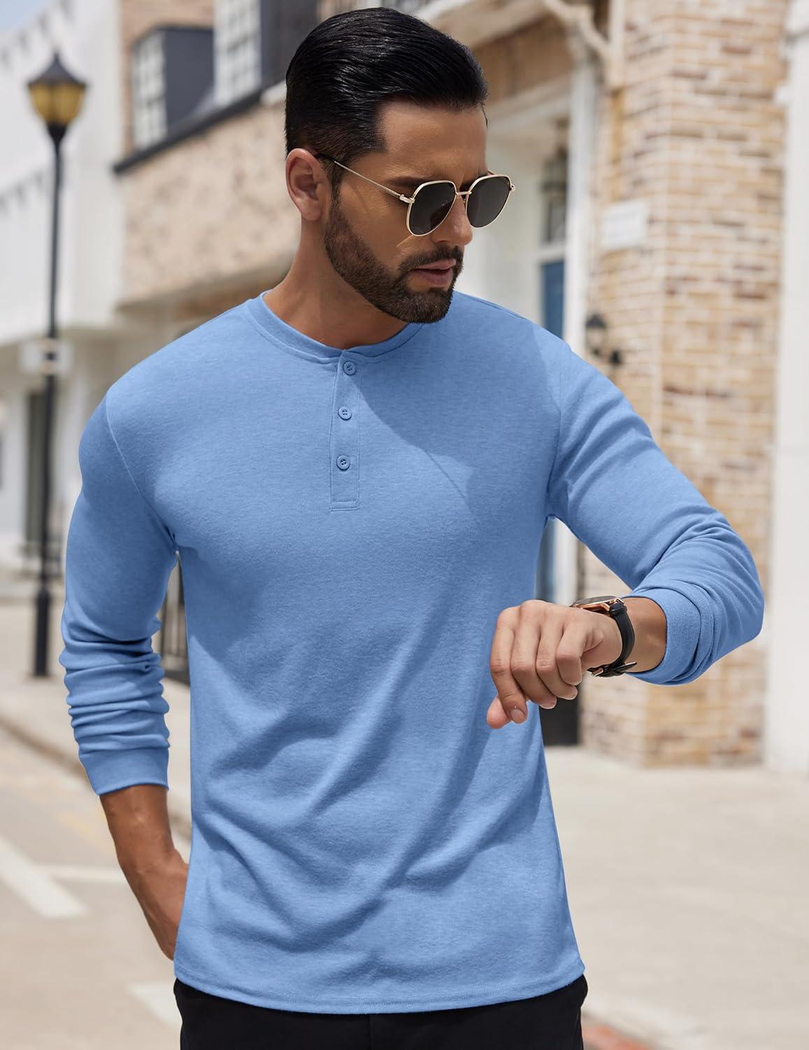 imageCOOFANDY Mens Henley Shirts Long Sleeve Button TShirt Lightweight Fashion Casual Pullover ShirtLight Blue