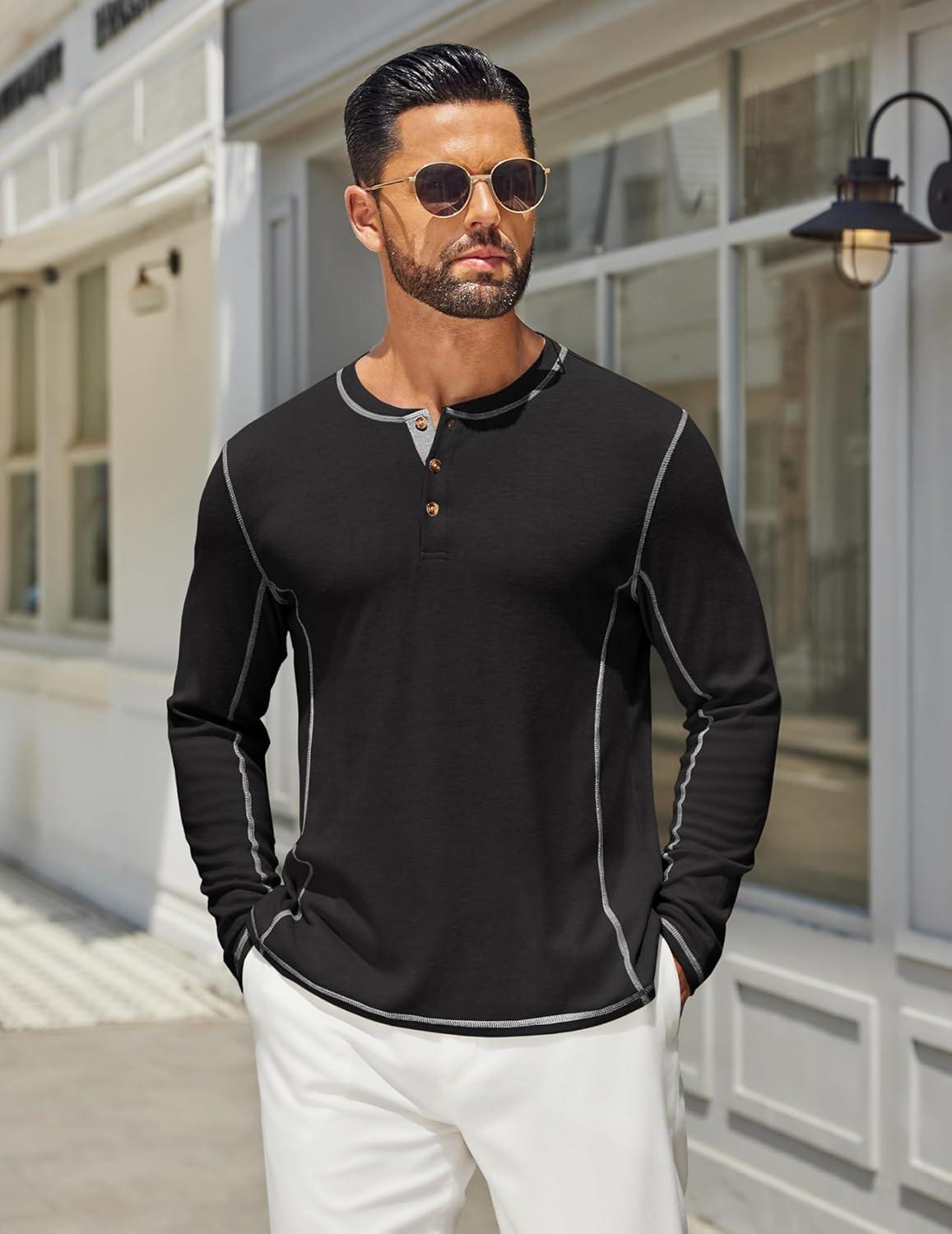 imageCOOFANDY Mens Henley Shirts Long Sleeve Casual Maverick Slub Henley TShirts Lightweight Basic Tee01black