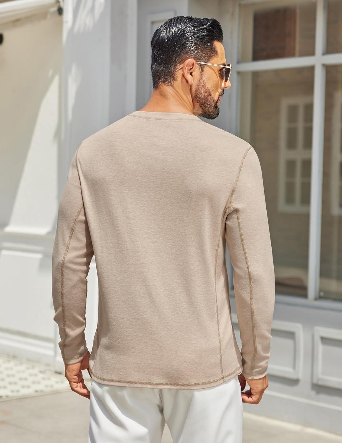 imageCOOFANDY Mens Henley Shirts Long Sleeve Casual Maverick Slub Henley TShirts Lightweight Basic Tee01light Khaki