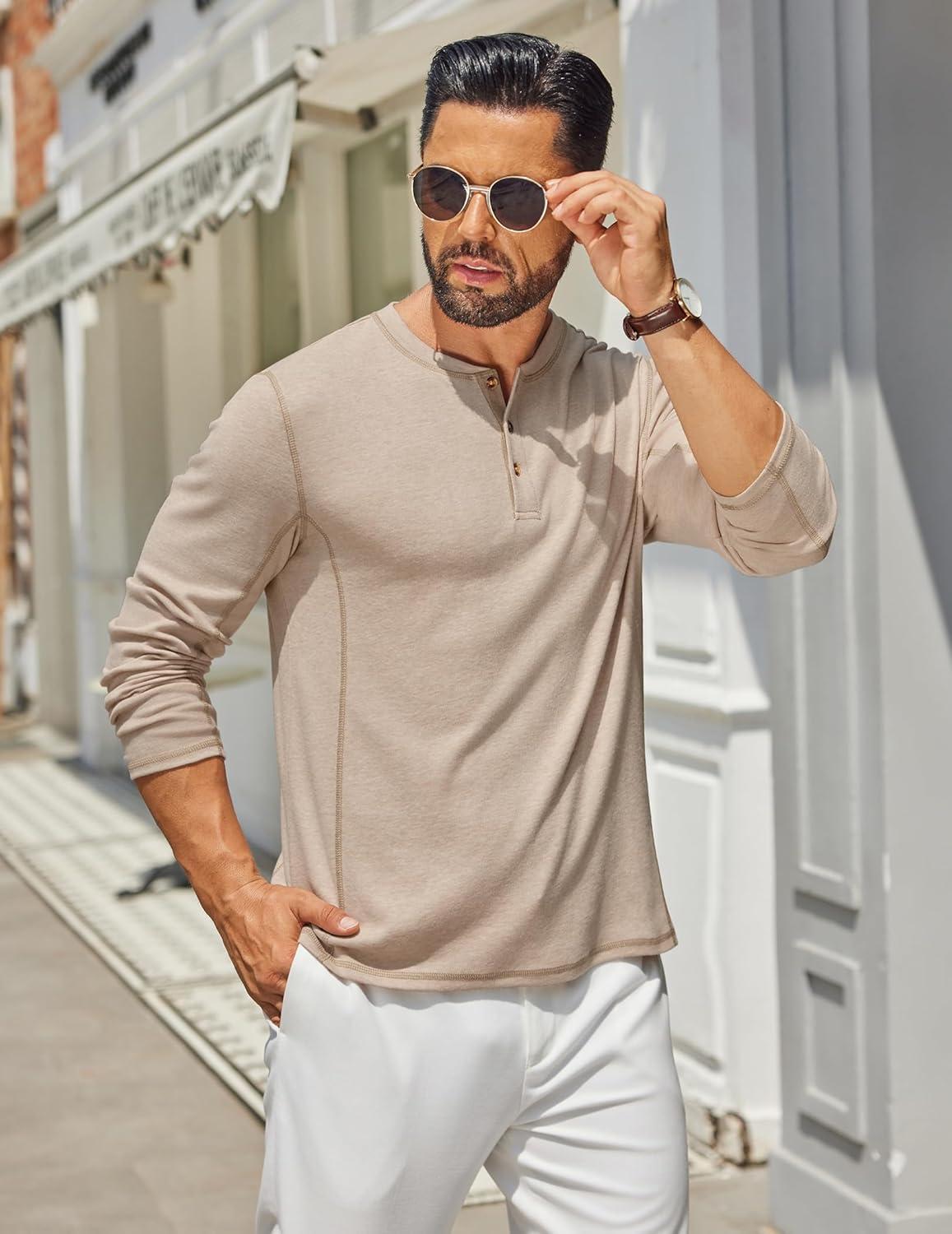 imageCOOFANDY Mens Henley Shirts Long Sleeve Casual Maverick Slub Henley TShirts Lightweight Basic Tee01light Khaki