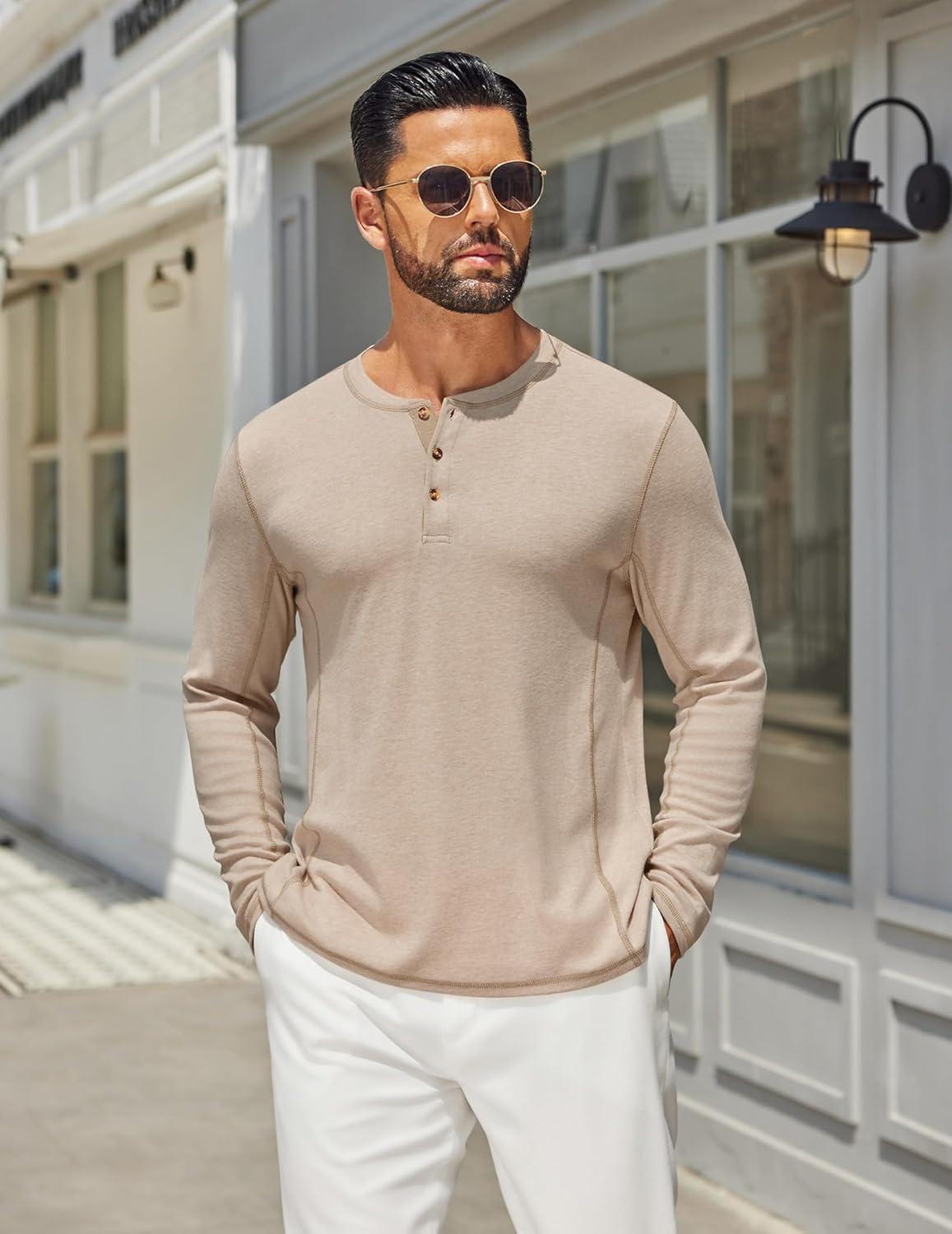 imageCOOFANDY Mens Henley Shirts Long Sleeve Casual Maverick Slub Henley TShirts Lightweight Basic Tee01light Khaki
