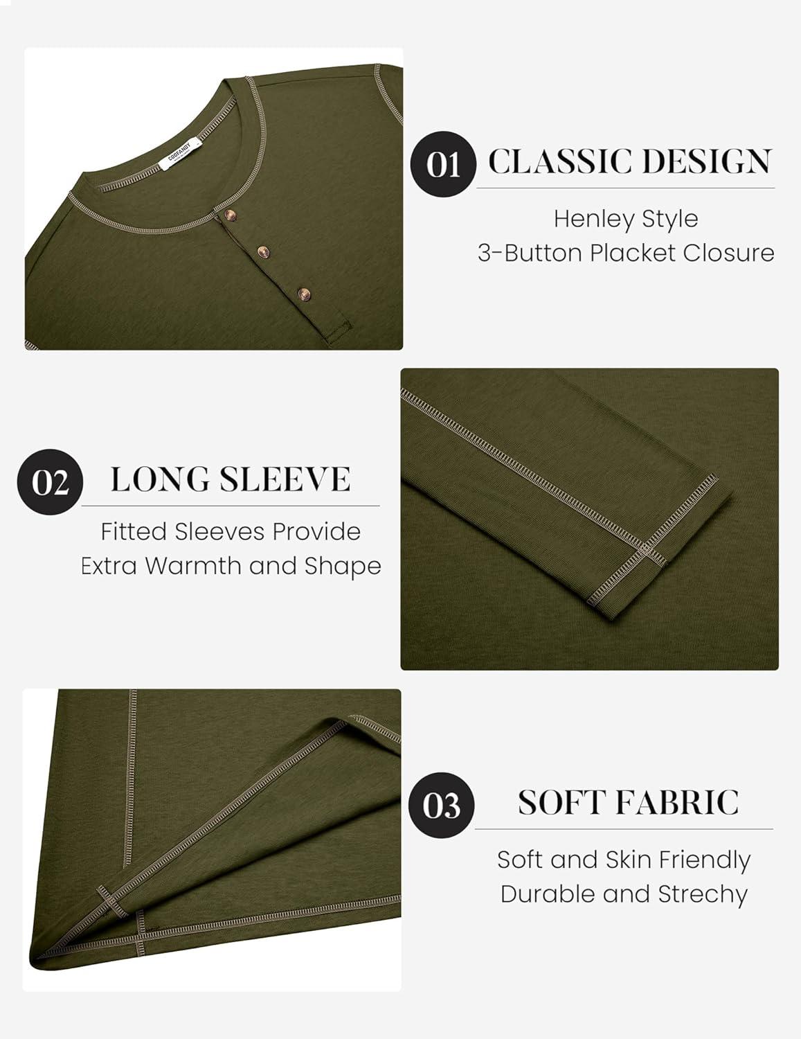 imageCOOFANDY Mens Henley Shirts Long Sleeve Casual Maverick Slub Henley TShirts Lightweight Basic Tee02army Green