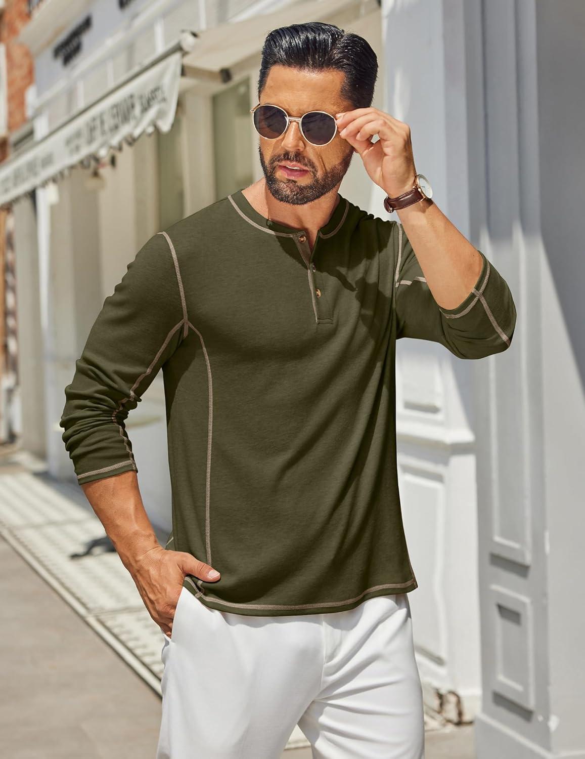 imageCOOFANDY Mens Henley Shirts Long Sleeve Casual Maverick Slub Henley TShirts Lightweight Basic Tee02army Green