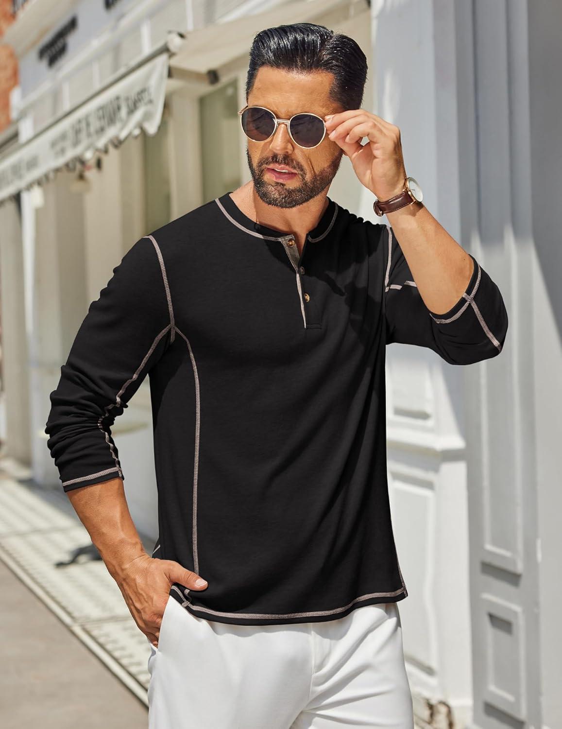 imageCOOFANDY Mens Henley Shirts Long Sleeve Casual Maverick Slub Henley TShirts Lightweight Basic Tee02black