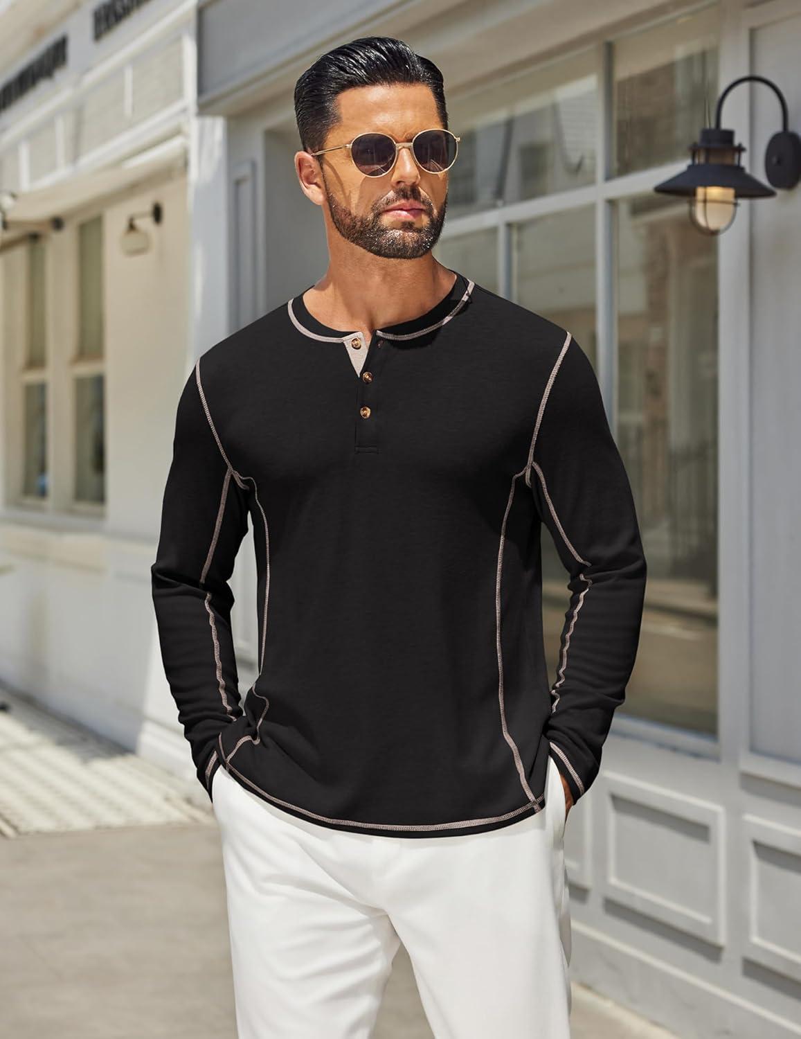 imageCOOFANDY Mens Henley Shirts Long Sleeve Casual Maverick Slub Henley TShirts Lightweight Basic Tee02black