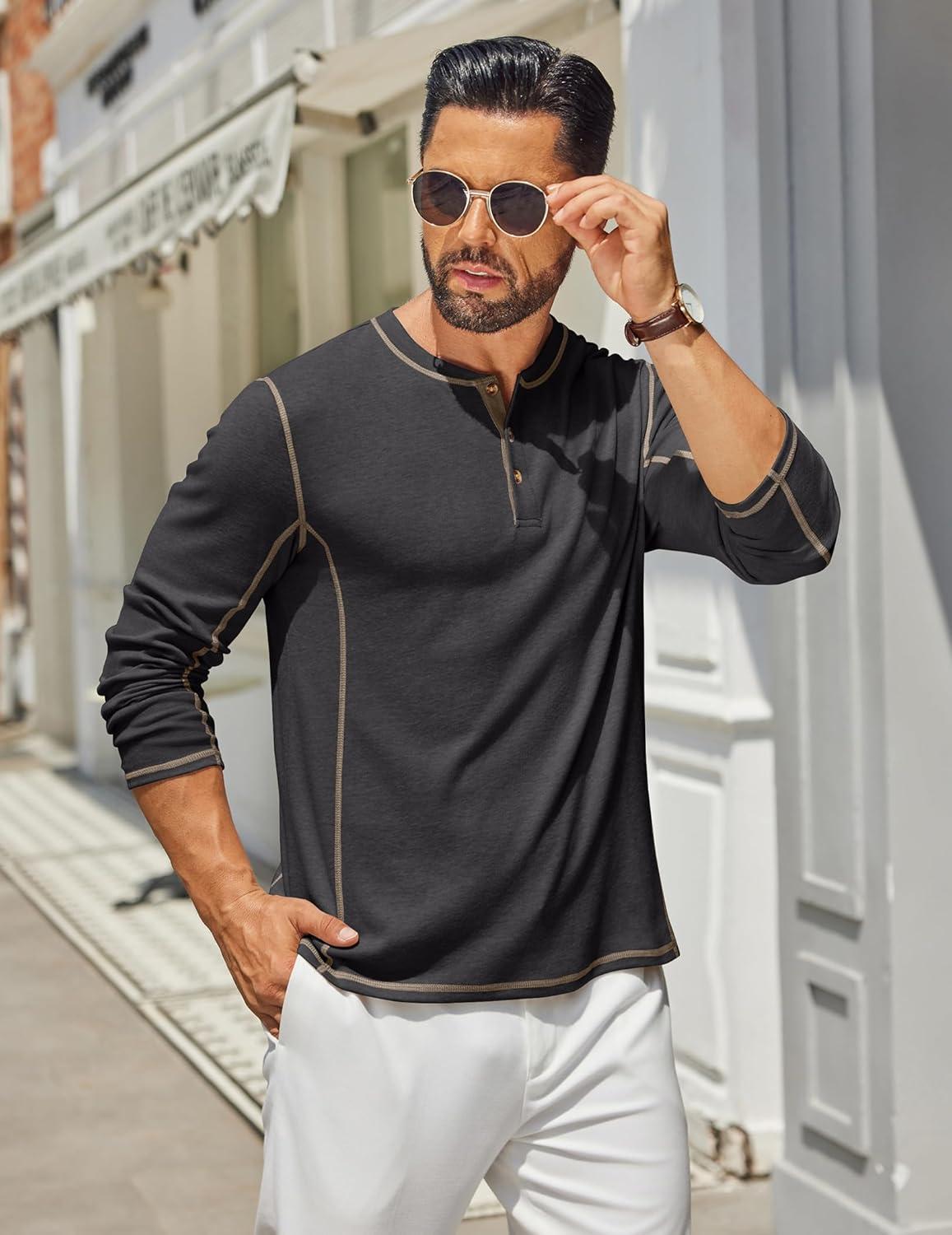 imageCOOFANDY Mens Henley Shirts Long Sleeve Casual Maverick Slub Henley TShirts Lightweight Basic Tee02dark Gray