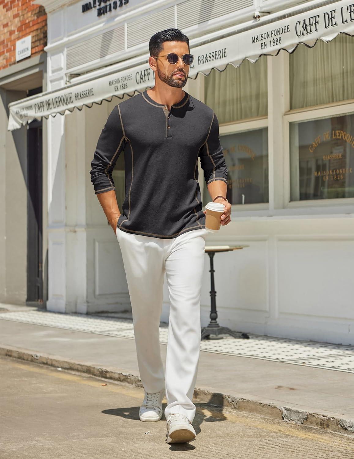 imageCOOFANDY Mens Henley Shirts Long Sleeve Casual Maverick Slub Henley TShirts Lightweight Basic Tee02dark Gray