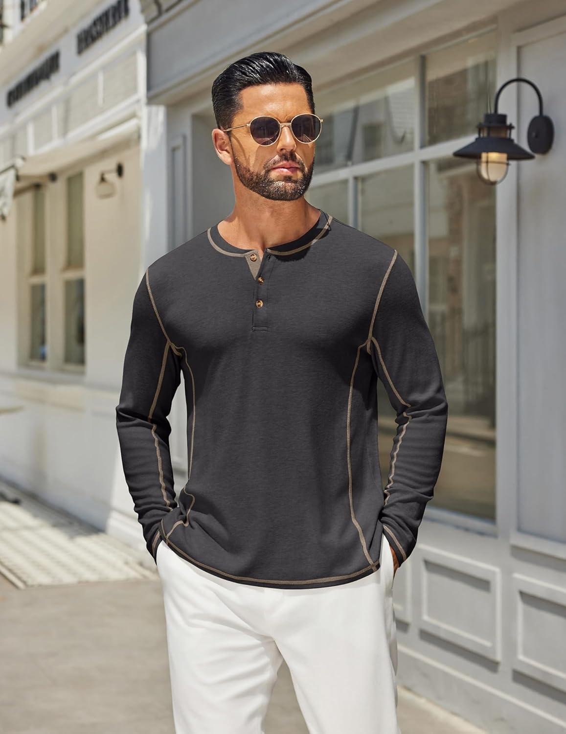 imageCOOFANDY Mens Henley Shirts Long Sleeve Casual Maverick Slub Henley TShirts Lightweight Basic Tee02dark Gray