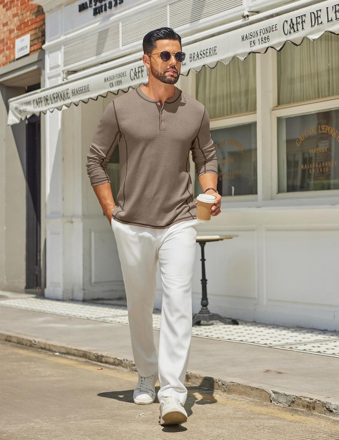 imageCOOFANDY Mens Henley Shirts Long Sleeve Casual Maverick Slub Henley TShirts Lightweight Basic Tee02khaki