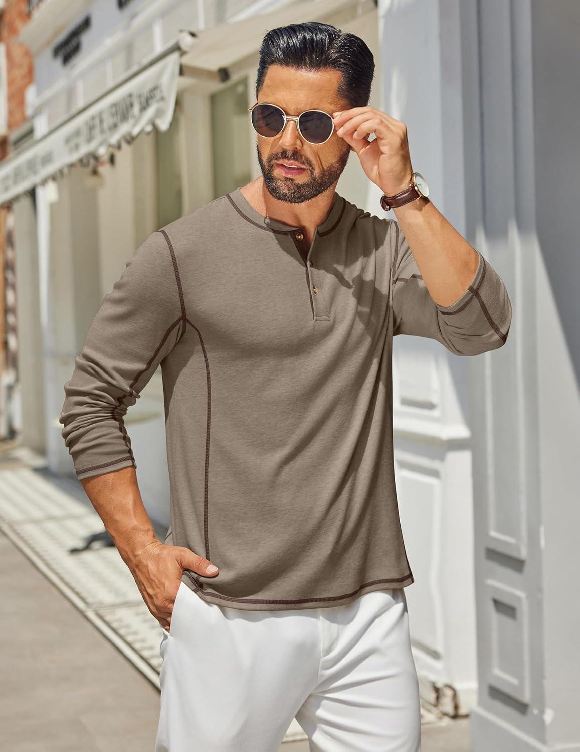 imageCOOFANDY Mens Henley Shirts Long Sleeve Casual Maverick Slub Henley TShirts Lightweight Basic Tee02khaki