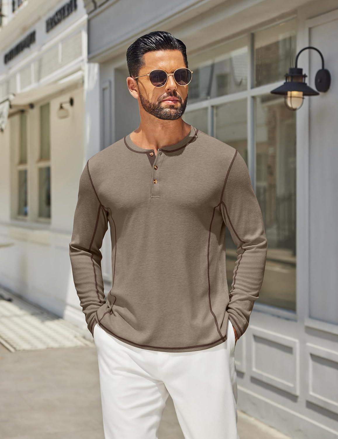imageCOOFANDY Mens Henley Shirts Long Sleeve Casual Maverick Slub Henley TShirts Lightweight Basic Tee02khaki