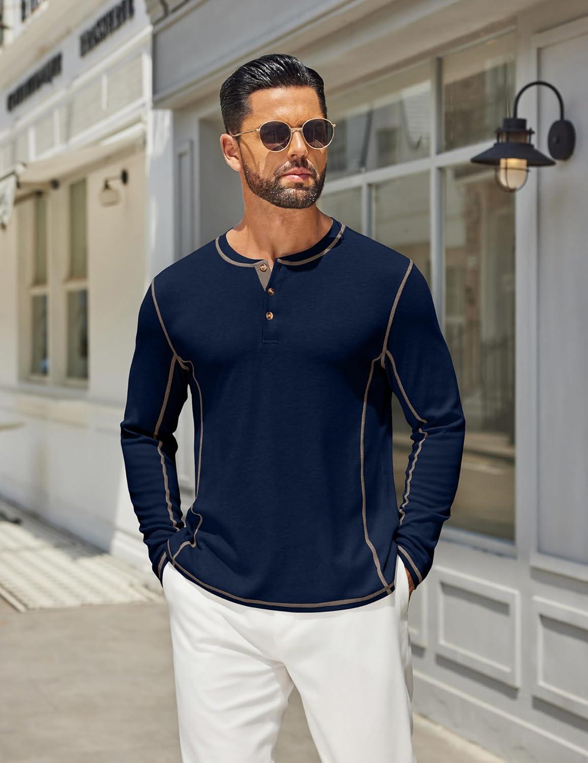 imageCOOFANDY Mens Henley Shirts Long Sleeve Casual Maverick Slub Henley TShirts Lightweight Basic Tee02navy Blue