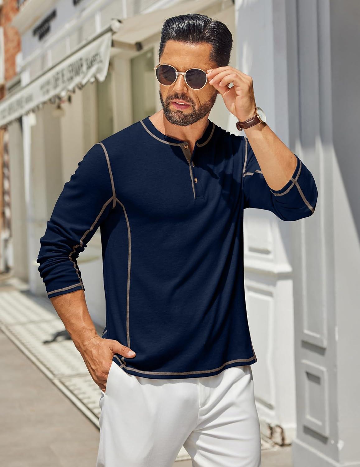 imageCOOFANDY Mens Henley Shirts Long Sleeve Casual Maverick Slub Henley TShirts Lightweight Basic Tee02navy Blue