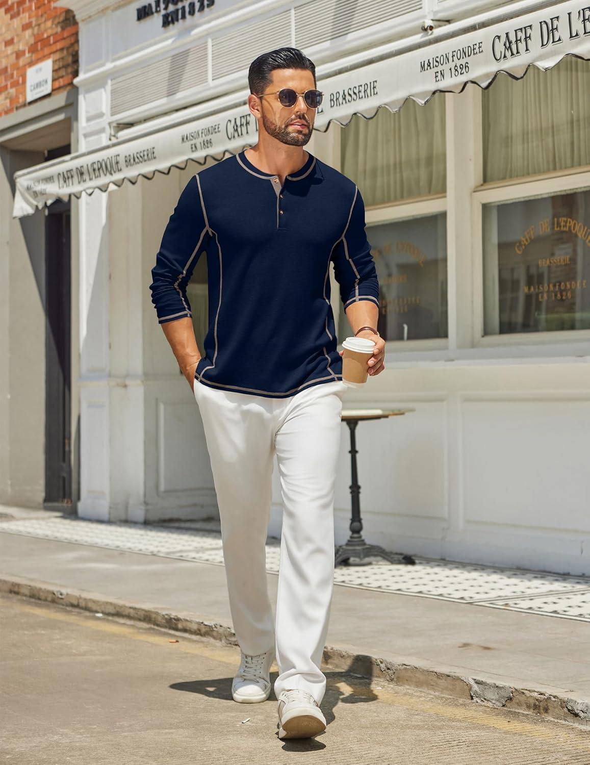 imageCOOFANDY Mens Henley Shirts Long Sleeve Casual Maverick Slub Henley TShirts Lightweight Basic Tee02navy Blue