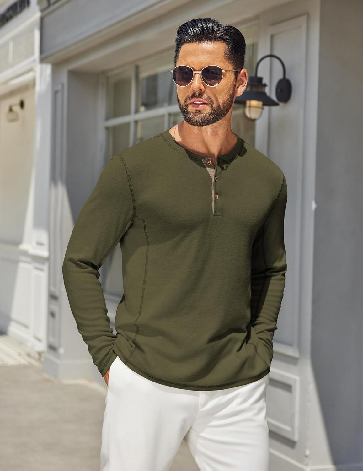 imageCOOFANDY Mens Henley Shirts Long Sleeve Casual Maverick Slub Henley TShirts Lightweight Basic TeeArmy Green