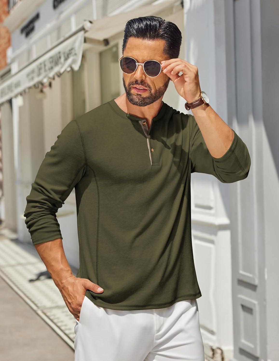 imageCOOFANDY Mens Henley Shirts Long Sleeve Casual Maverick Slub Henley TShirts Lightweight Basic TeeArmy Green