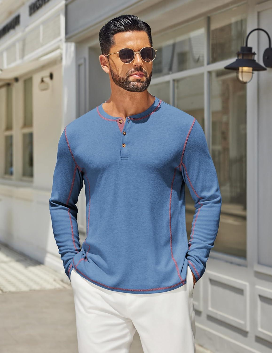 imageCOOFANDY Mens Henley Shirts Long Sleeve Casual Maverick Slub Henley TShirts Lightweight Basic TeeBlue
