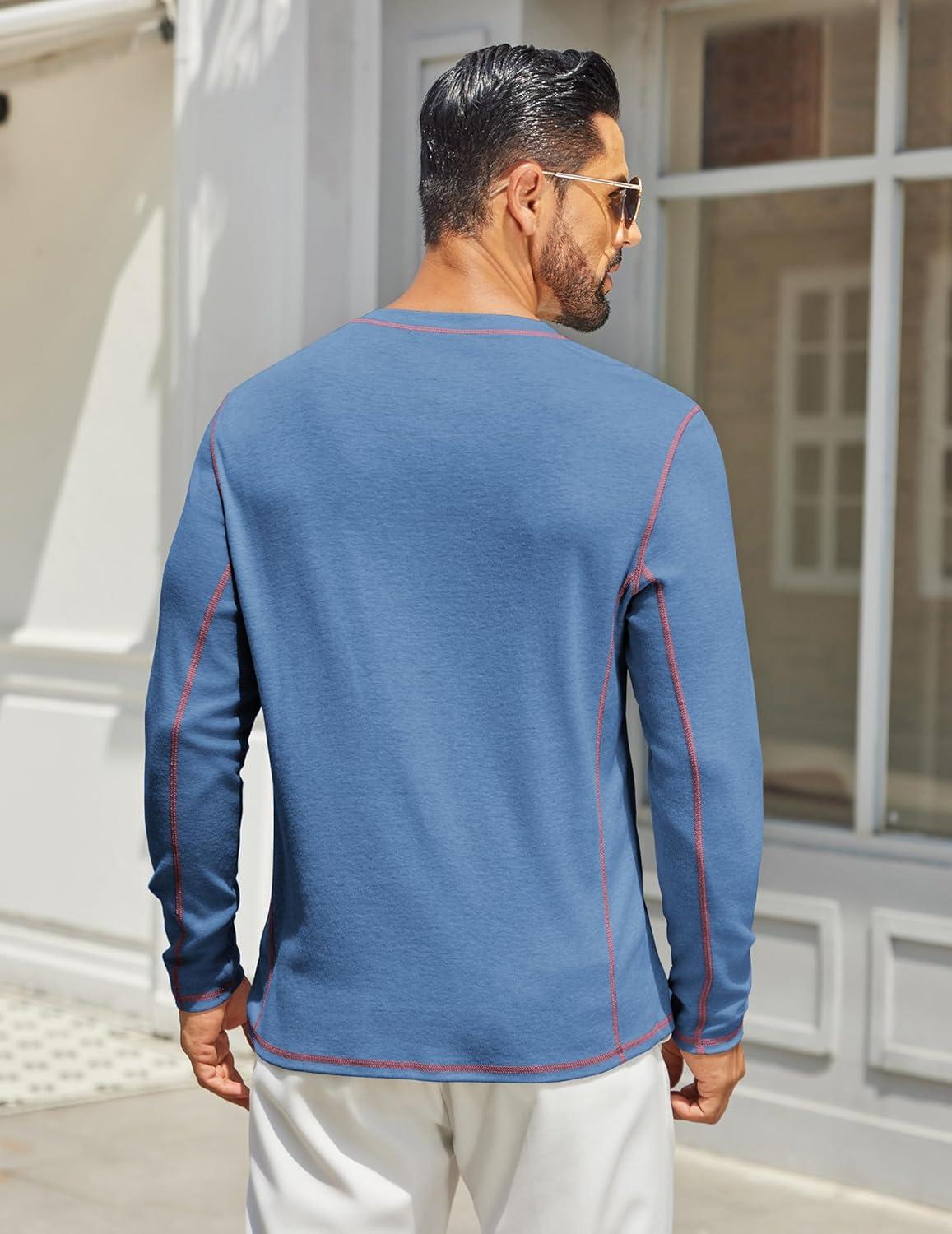 imageCOOFANDY Mens Henley Shirts Long Sleeve Casual Maverick Slub Henley TShirts Lightweight Basic TeeBlue