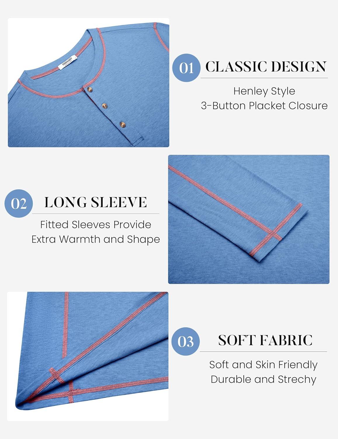 imageCOOFANDY Mens Henley Shirts Long Sleeve Casual Maverick Slub Henley TShirts Lightweight Basic TeeBlue