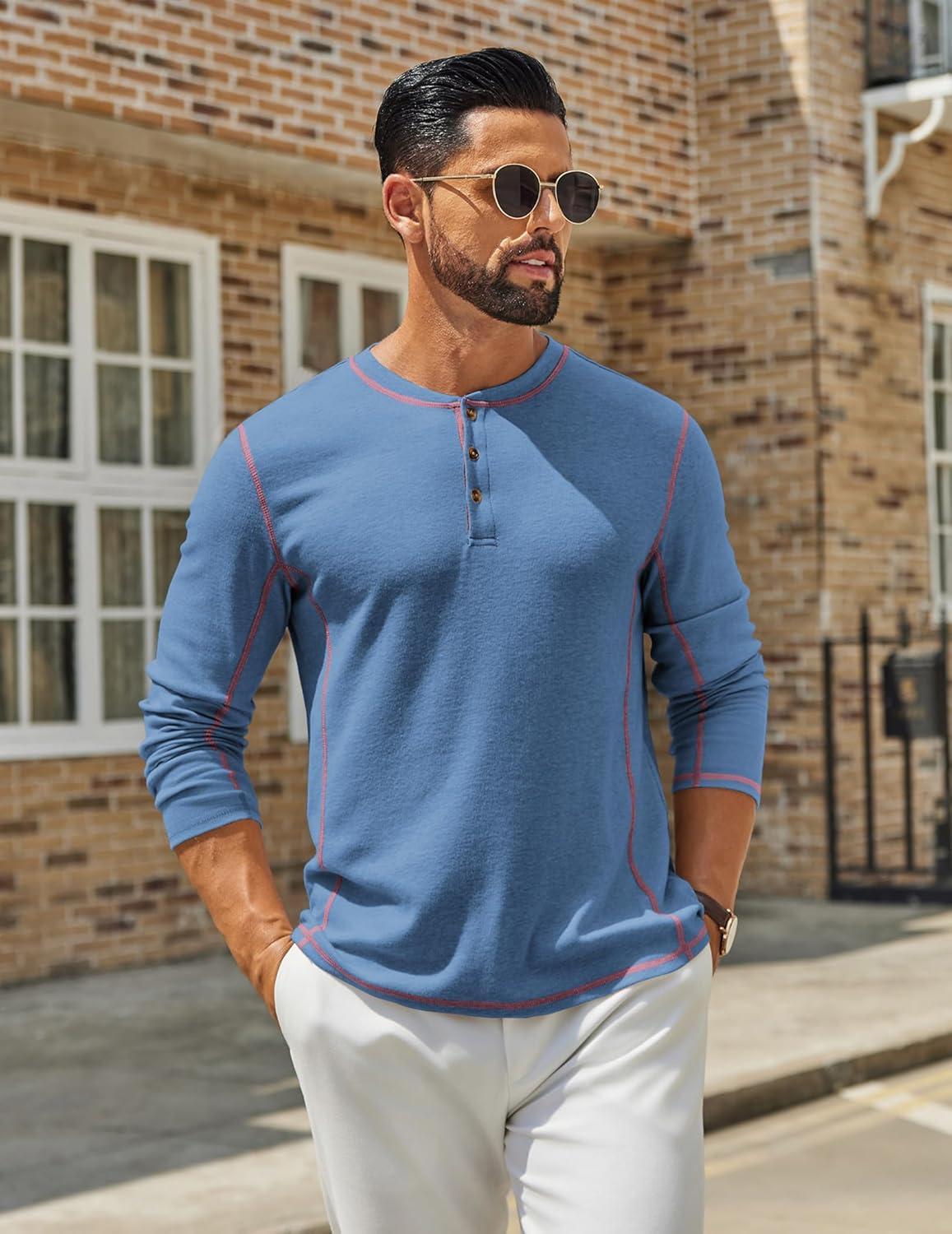imageCOOFANDY Mens Henley Shirts Long Sleeve Casual Maverick Slub Henley TShirts Lightweight Basic TeeBlue