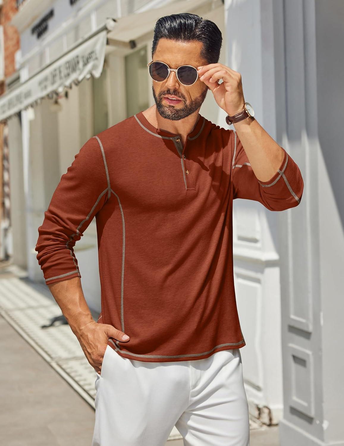 imageCOOFANDY Mens Henley Shirts Long Sleeve Casual Maverick Slub Henley TShirts Lightweight Basic TeeCaramel