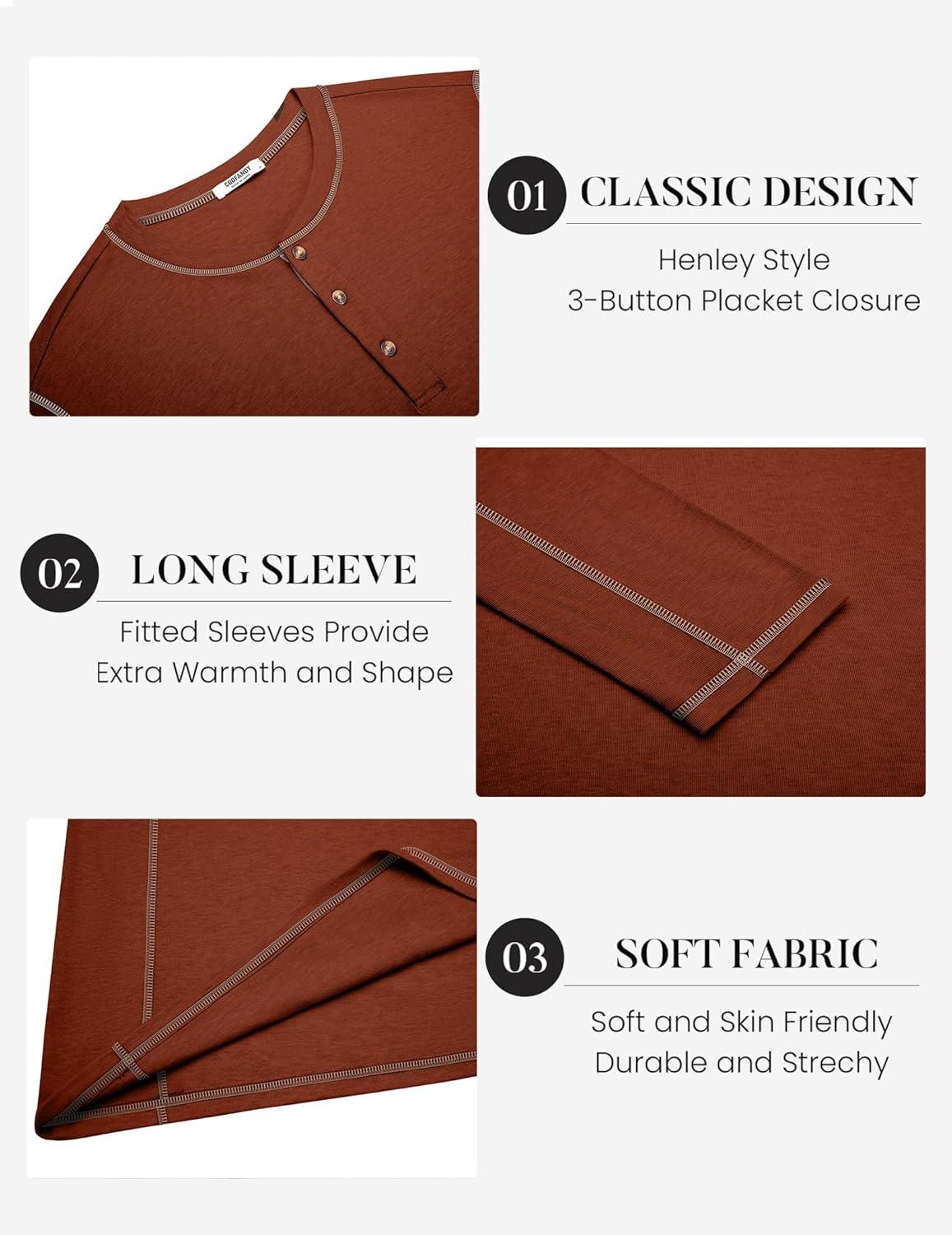 imageCOOFANDY Mens Henley Shirts Long Sleeve Casual Maverick Slub Henley TShirts Lightweight Basic TeeCaramel