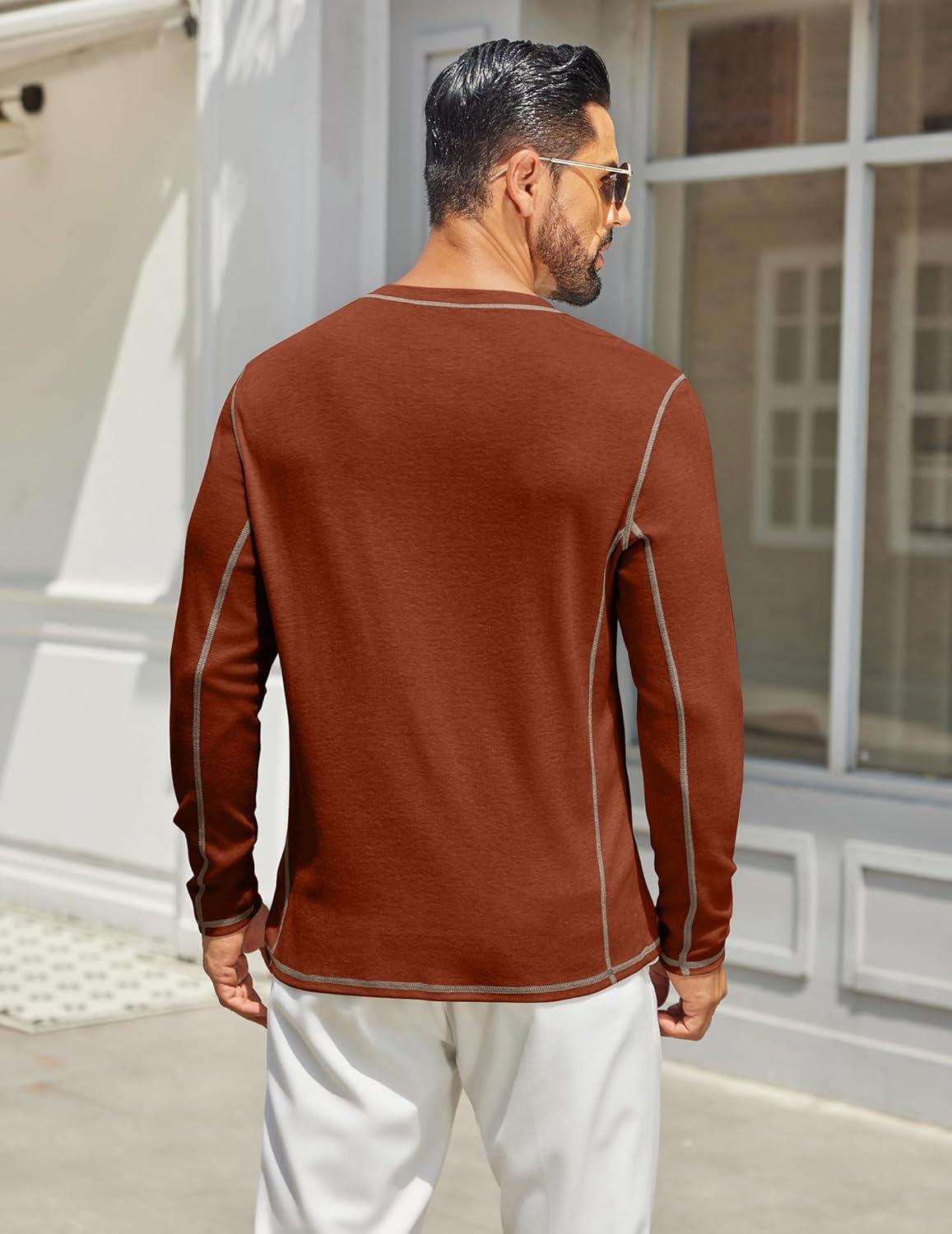imageCOOFANDY Mens Henley Shirts Long Sleeve Casual Maverick Slub Henley TShirts Lightweight Basic TeeCaramel