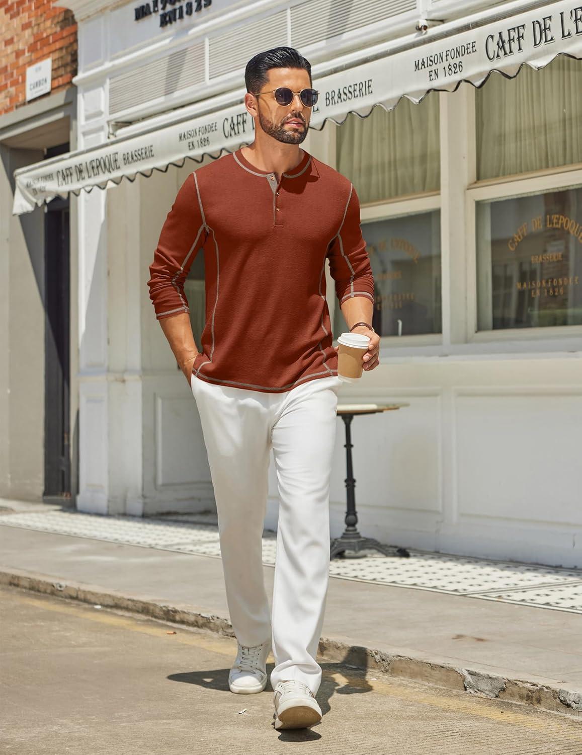 imageCOOFANDY Mens Henley Shirts Long Sleeve Casual Maverick Slub Henley TShirts Lightweight Basic TeeCaramel