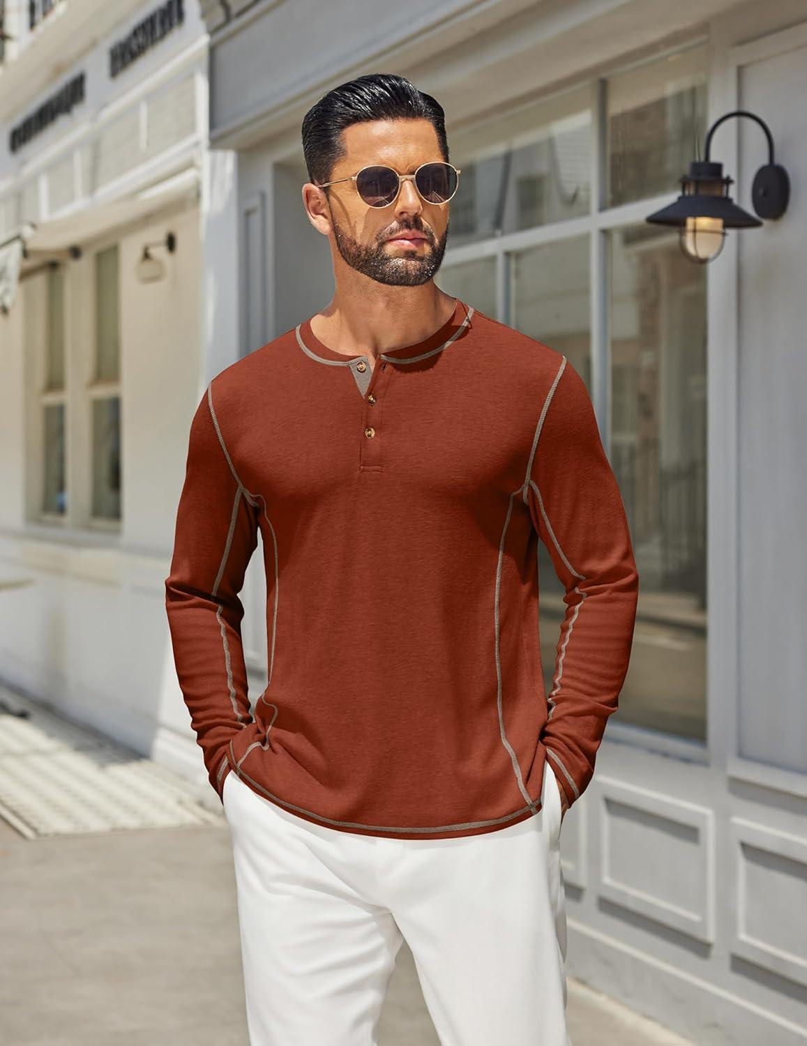 imageCOOFANDY Mens Henley Shirts Long Sleeve Casual Maverick Slub Henley TShirts Lightweight Basic TeeCaramel