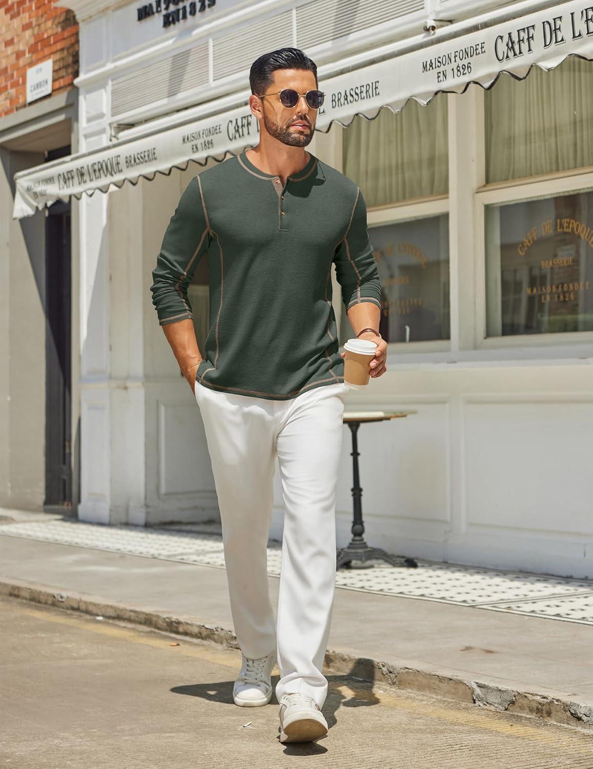 imageCOOFANDY Mens Henley Shirts Long Sleeve Casual Maverick Slub Henley TShirts Lightweight Basic TeeDark Army Green