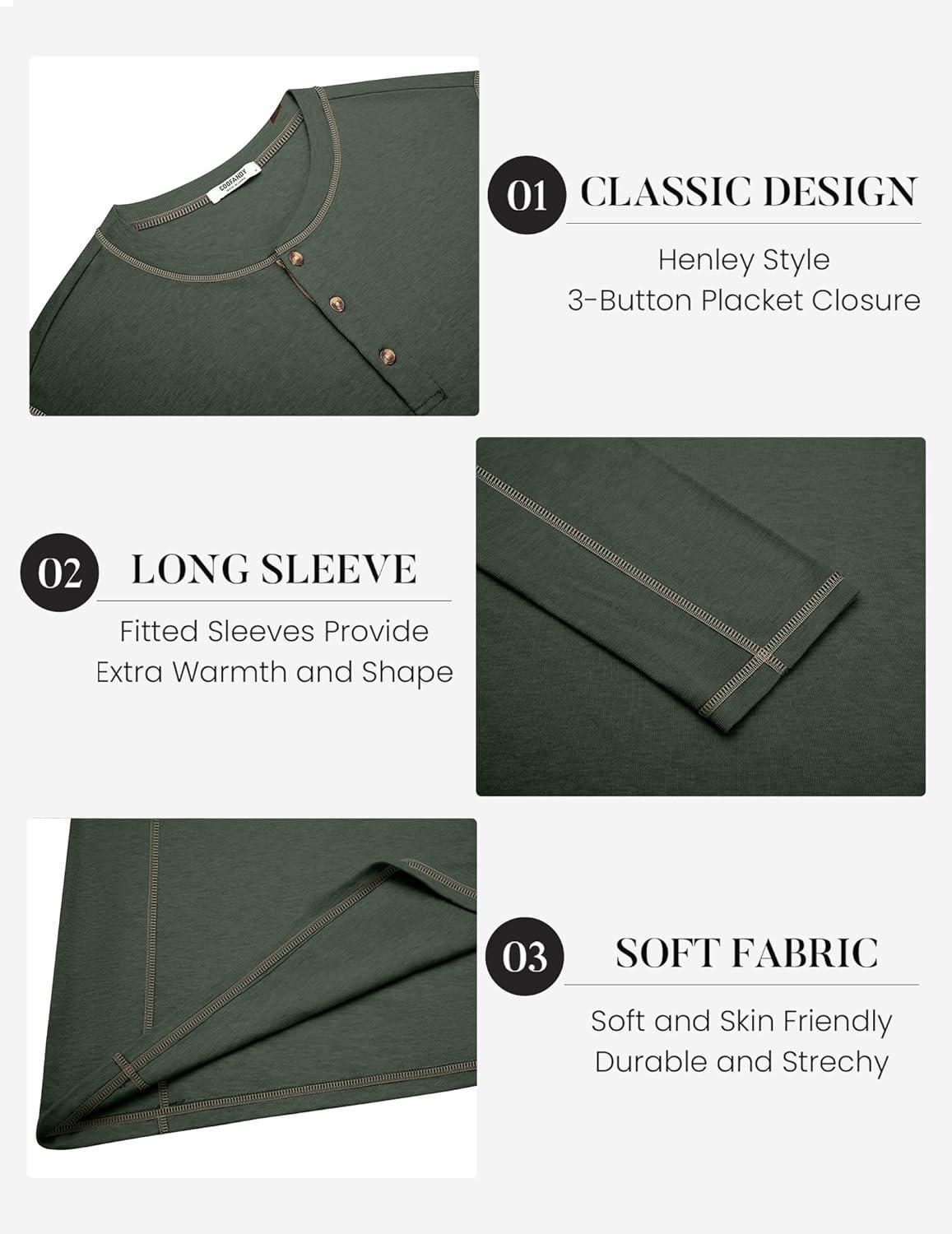 imageCOOFANDY Mens Henley Shirts Long Sleeve Casual Maverick Slub Henley TShirts Lightweight Basic TeeDark Army Green