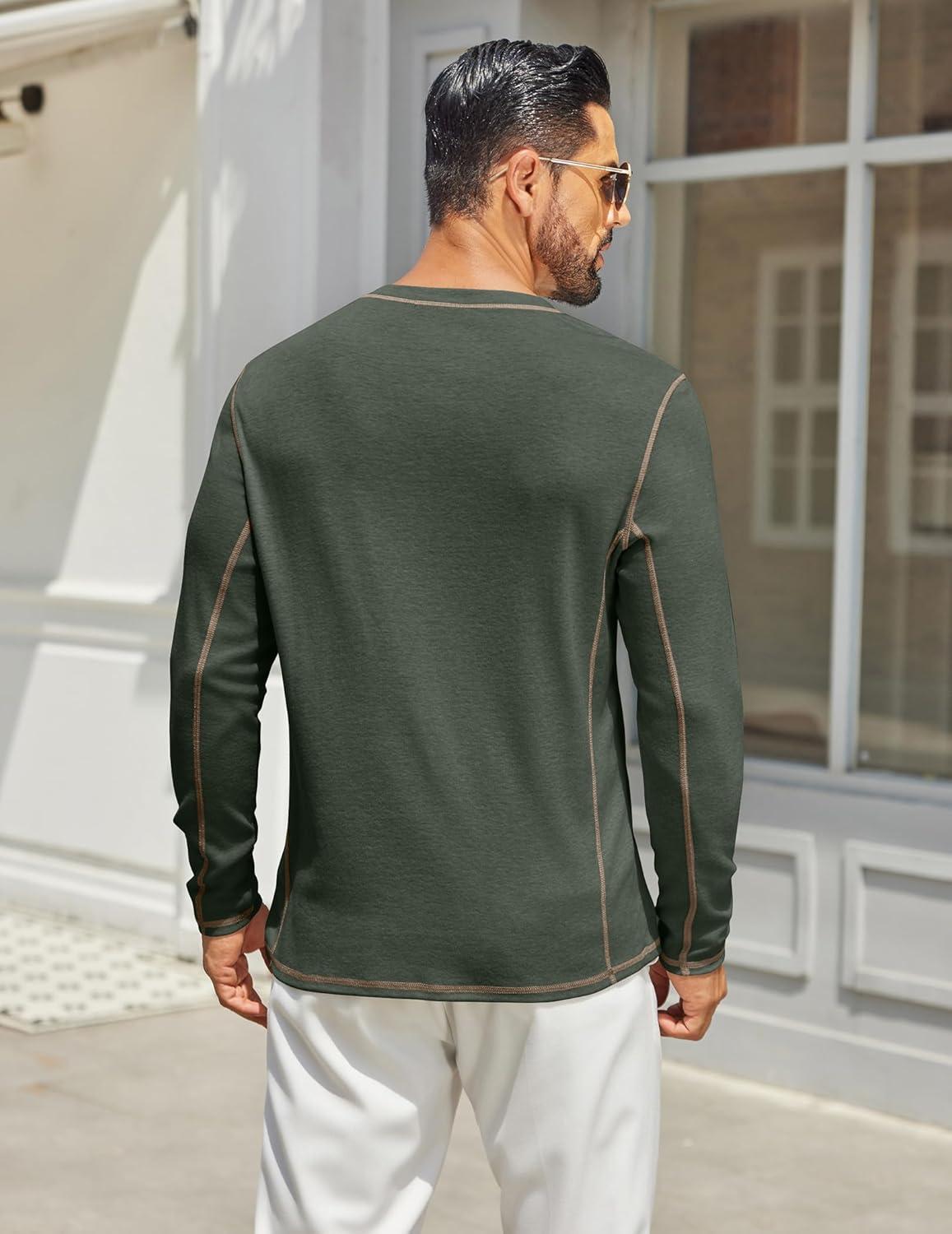 imageCOOFANDY Mens Henley Shirts Long Sleeve Casual Maverick Slub Henley TShirts Lightweight Basic TeeDark Army Green