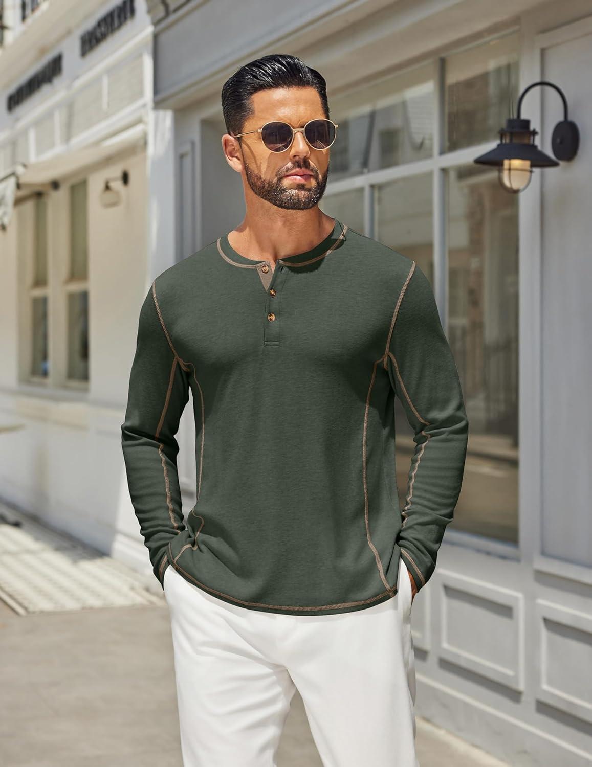 imageCOOFANDY Mens Henley Shirts Long Sleeve Casual Maverick Slub Henley TShirts Lightweight Basic TeeDark Army Green